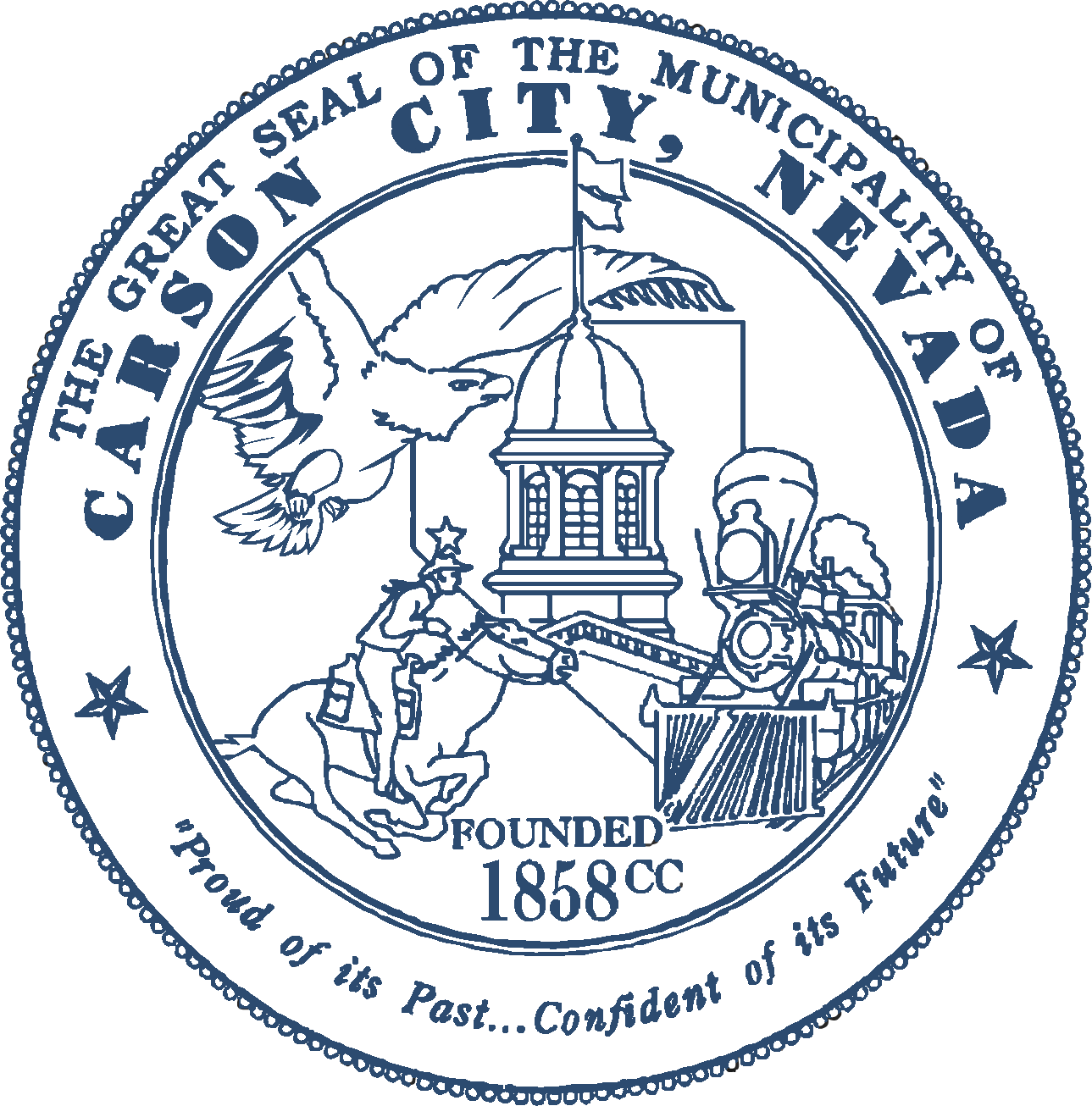 The great seal of the Municipality of Carson City. Imaging the Capitol Building, a soaring hawk, the train system, and a cowboy